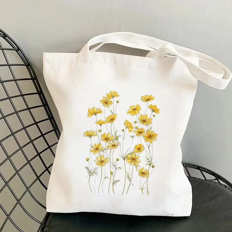 

Artistic Watercolor Floral Canvas Tote Bag With Vibrant Yellow Red Blue Flower Designs Stylish Versatile Shoulder Bag