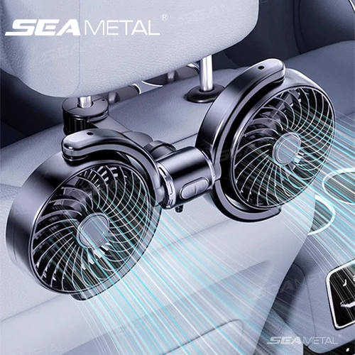 Imagen 1 del producto SEAMETAL-ventilador de refrigeración para coche, reposacabezas, ventiladores de doble cabezal, rotación multiángulo, ventilador de aire enfriador ajustable de 3 velocidades para accesorios de coche