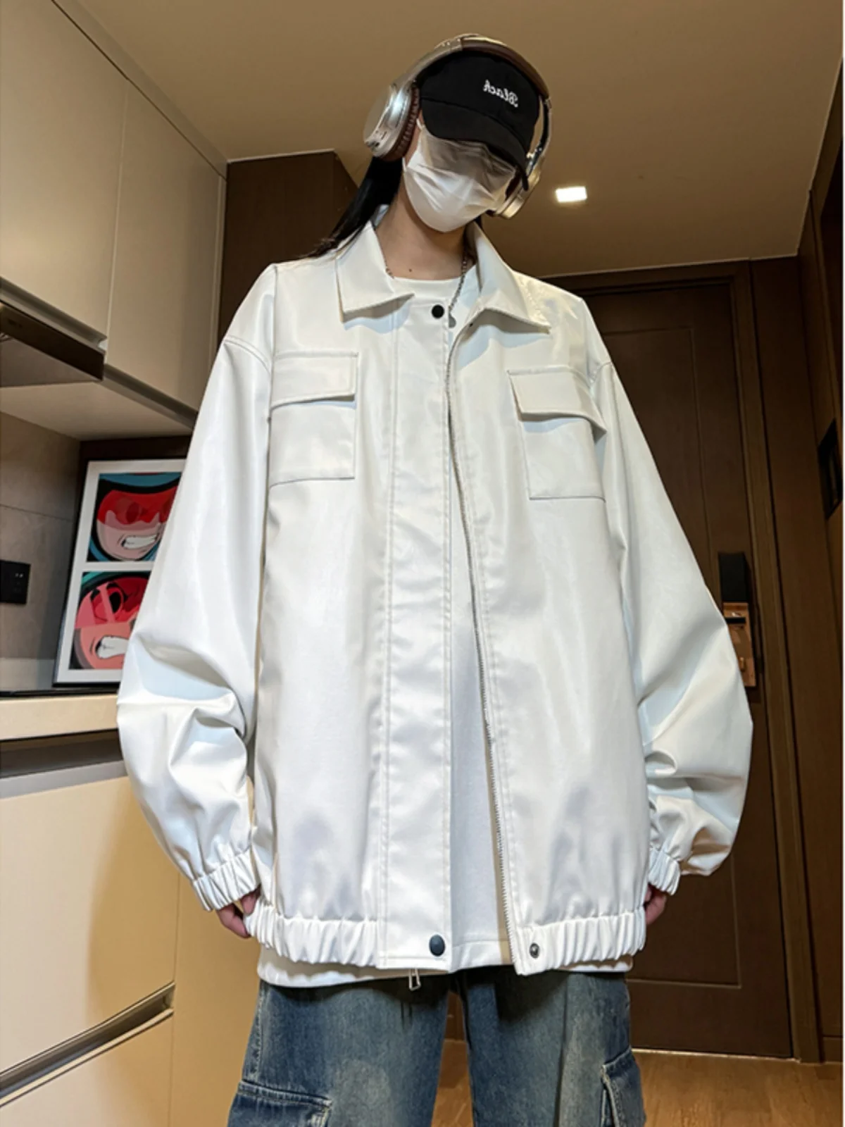 

Autumn New Sle White PU Jaet Men's Thin Waterproof Motorcycle Baseball Coat American Vibe High Street Trend Youth Faion