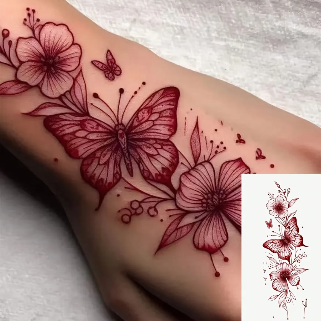 1 Pc Washable Temporary Tattoo, Vivid Red Ink Flower Minimalist Design, Suitable For Daily Use