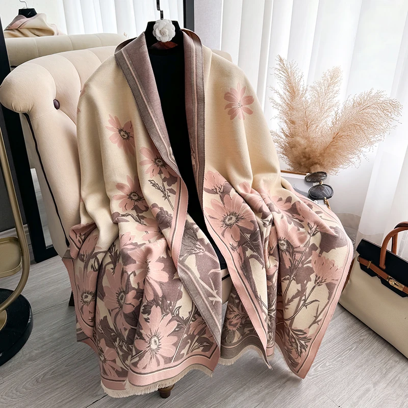 2024 New Female Fashion Luxury Designer Winter Ourdoor Women Scarf Floral Cashmere Thicken Warm Shawl Pashmina Scarves  Bufanda