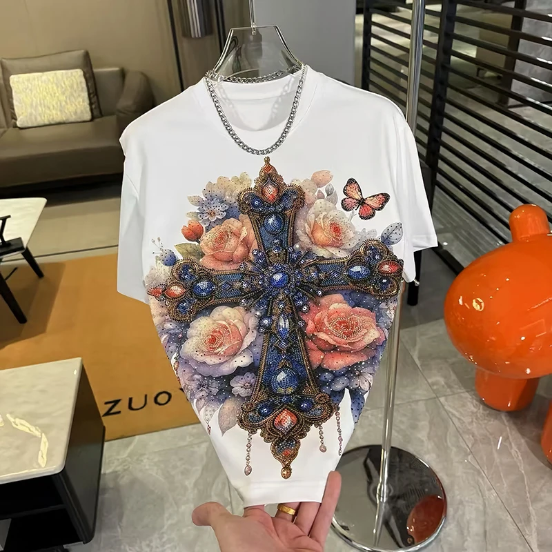 

Summer Flowers Rhinestone Print Men O Neck Short Sleeve T Shirts Fashion All-match Casual 2xl Oversized Streetwear Black White