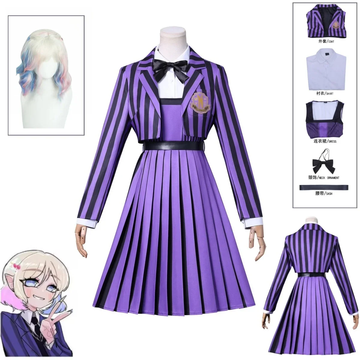 

Wednesday Season 2 Newly Sinclair Enid Cosplay Costume Enid Blue Striped School Uniform Coat Dress Suit Halloween Clothing Wig