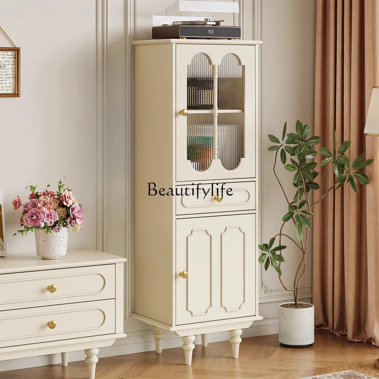 

Solid wood cream style dining side cabinet transparent single door glass American light luxury living room locker