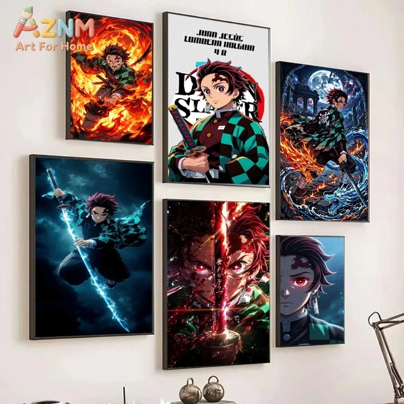 Demon Slayer Anime Canvas Wall Art Tanjiro Kamado Fire Water Breathing Poster Unframed Canvas Painting Home Room Decor Art Print