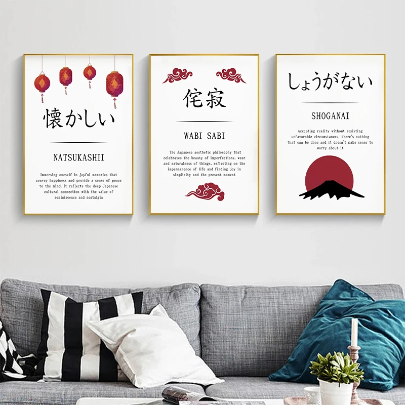 Zen Art Wu Yan Zhi Xing You Xuan Kintsugi Han Wabi Sabi Japanese Chinese Characters Canvas Painting Wall Art for Home Decoration