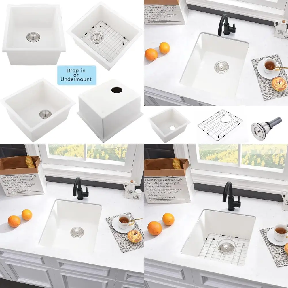 

Кухонная мойка из белого кварца 15x17 дюймов, встраиваемая под столешницу, с одной чашей, для небольших помещений и использования на улице/в автодомах, с нижней решеткой