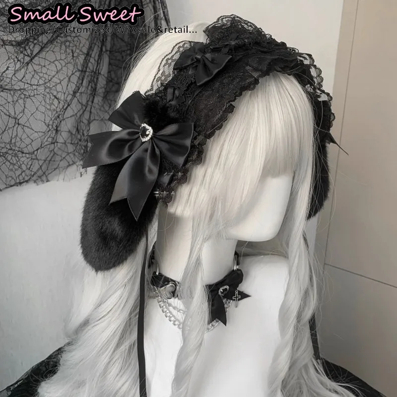 Goth Bunny Ear Bow Hair bands Harajuku Gothic Lolita Y2K girl Rabbit ears hair band Punk Lace Ruffled Headband Hair Hoop view 5