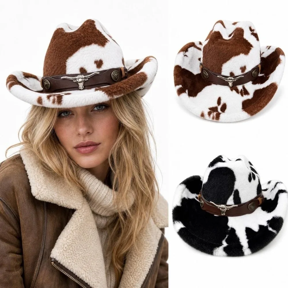 Warm Fuzzy Bull Head Buckle Cowboy Hat Wide Brim Leather Strap Western Cowboy Hat Windproof Cowgirl Hat Party Wear