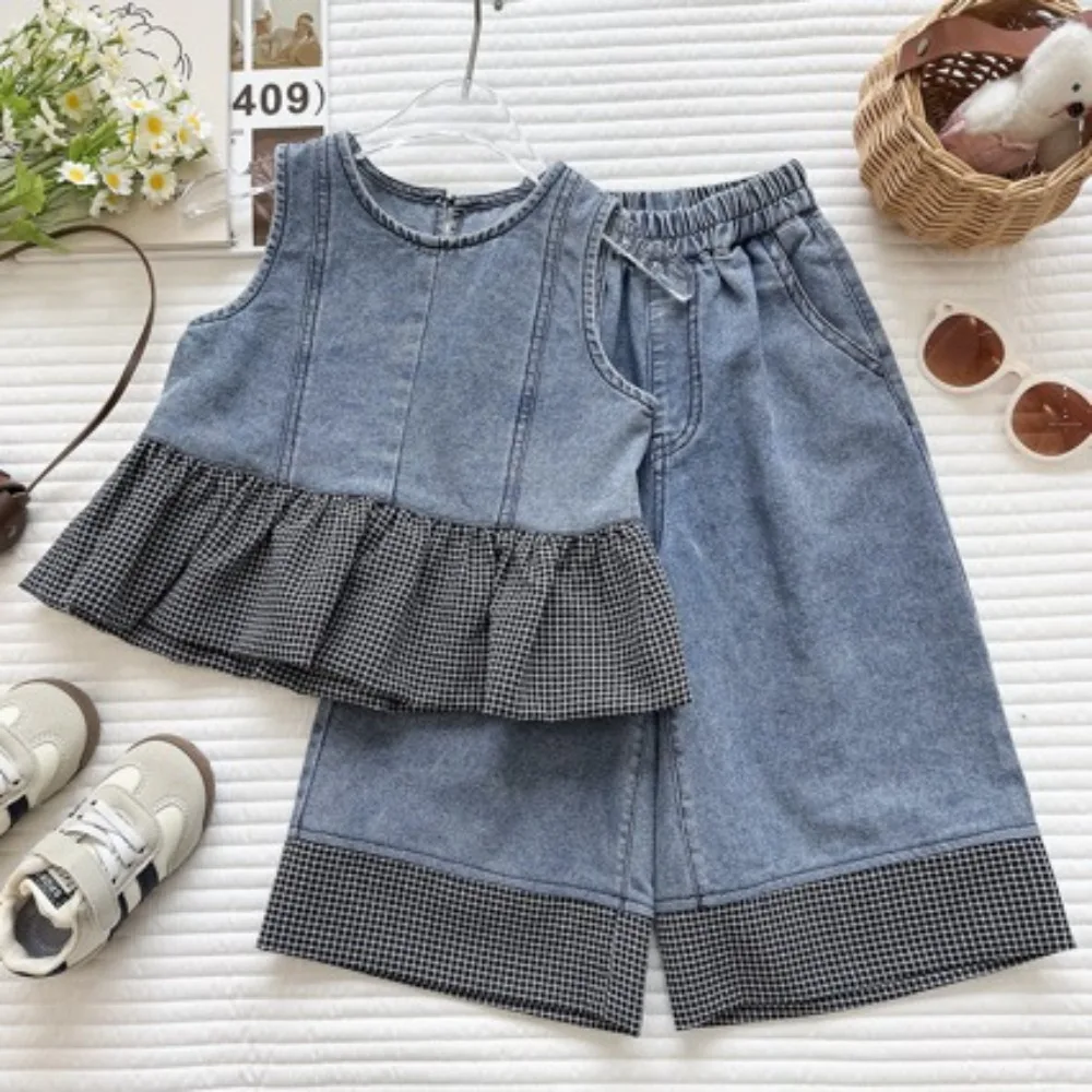

2026 Summer Korean Style Girls Denim Outfit Loose Fitting 2-Piece Suit Fashion Toddler Casual Matching Wear for 90-150cm