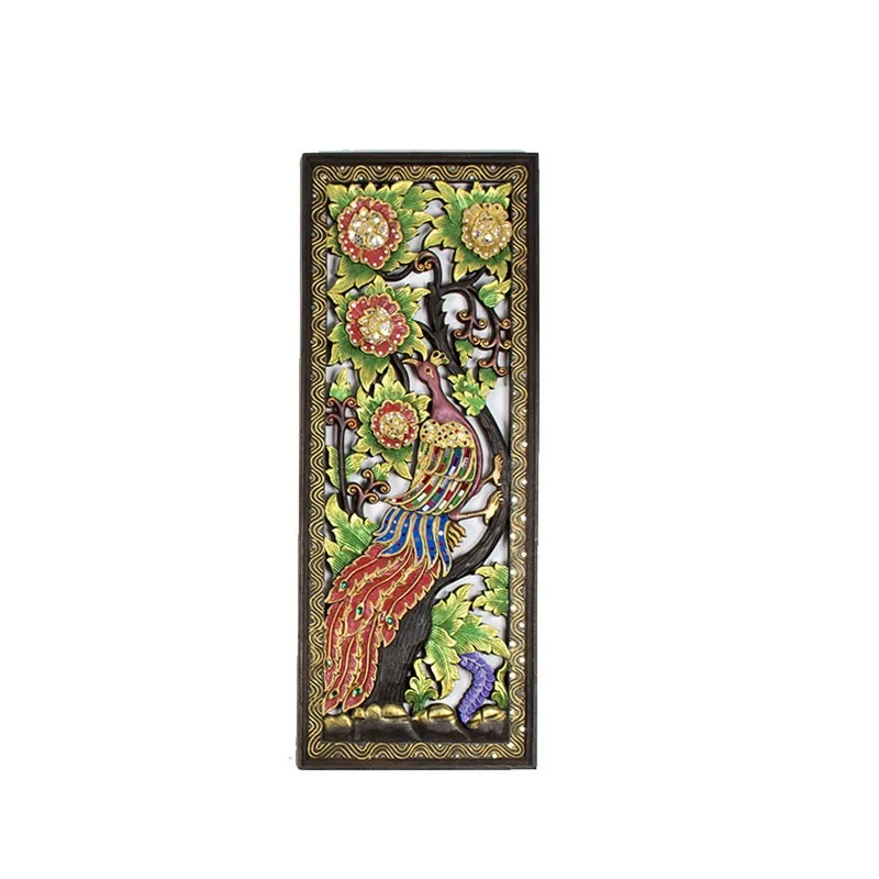 South East Asia teak peacock carving board, Thai handmade wood carving glazed wall decoration