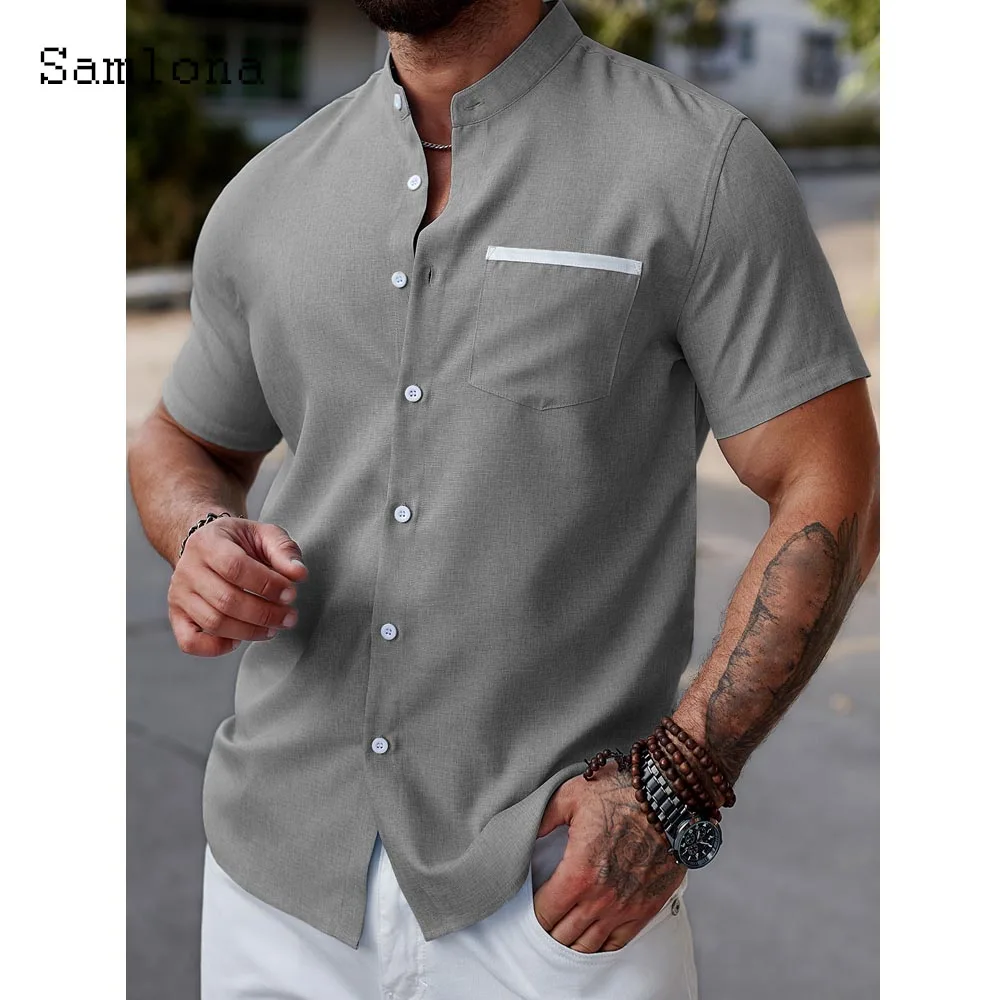 

Мужские повседневные льняные пляжные рубашки, одежда, лето 2021, модные базовые топы, рубашка с воротником-стойкой, Blusas, мужская блузка с коротким рукавом, новинка
