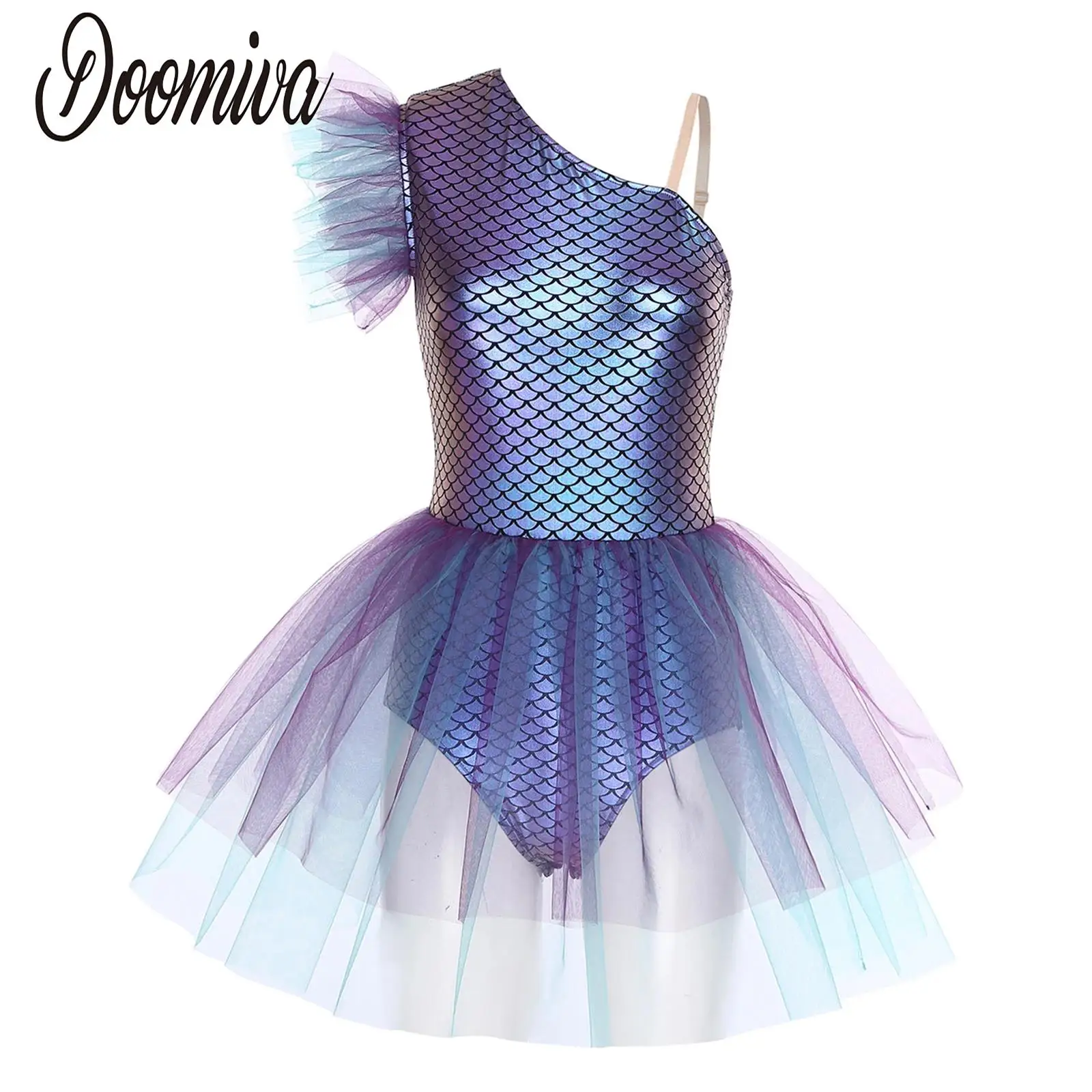 

Women Metallic Mermaid Fish-scale Print Tutu Dress One Shoulder Leotard Ballet Dance Costume Buttons Crotch Bodysuit Tulle Dress