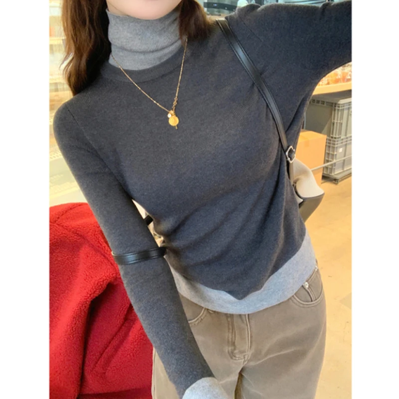 

2025 Korean Version Simple Women's High Collar Knitted Base Shirt Autumn Winter New Style Elegant Sweater Inner Fashion Top