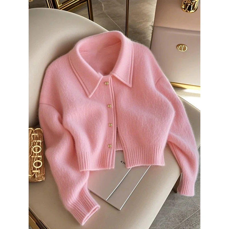 

Pink Short Sweater Coat Women's 2025 Winter High-grade Soft Waxy Cardigan Jackets Top Long-sleeved Loose Elegant Knitted Outwear