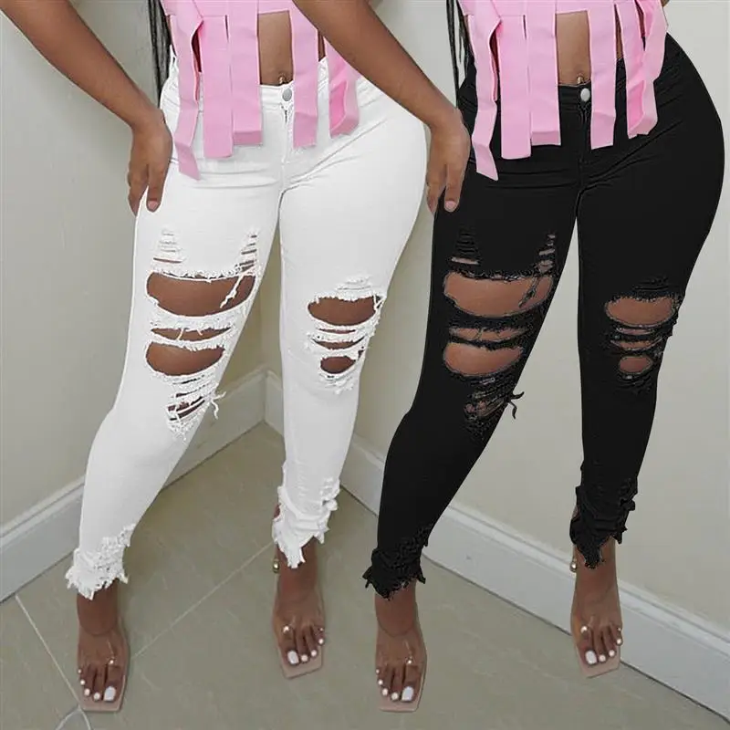 

Women's Faionable Personali Hole Denim Jeans Elastic Slimming Pants High Waist Long Trousers Spring Season Brand Other