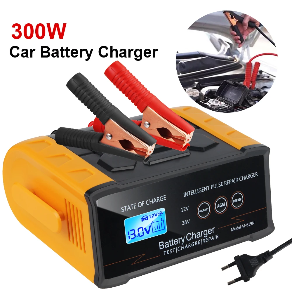 LED Display High Power Motorcycle SUV Truck 12V 24V 300W Multifunctional Pulse Repair Battery Charging Smart Car Battery Charger