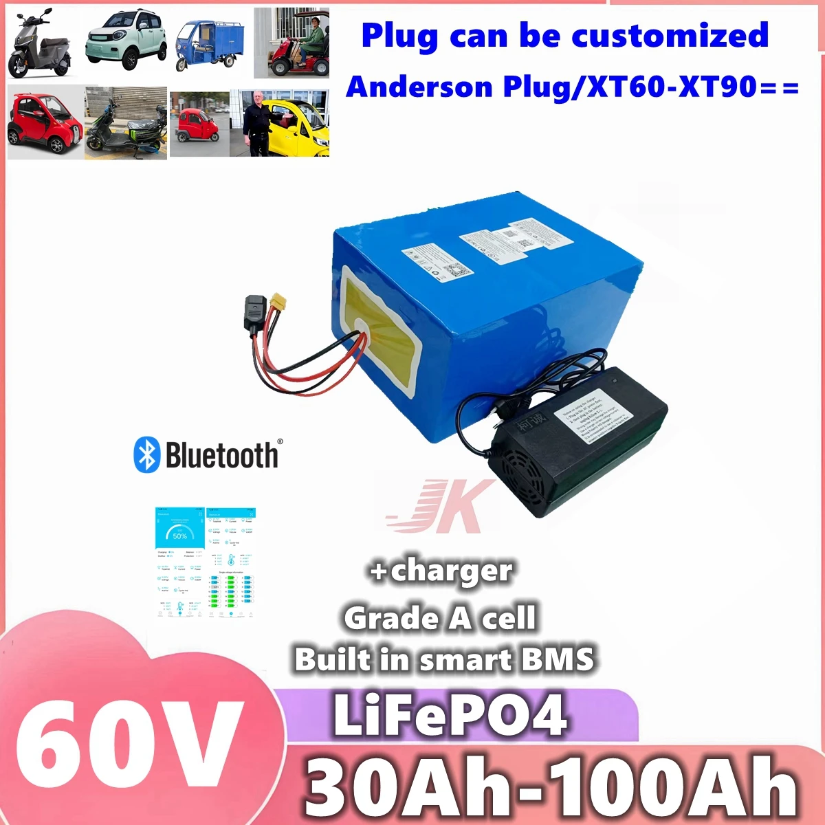 

Deep cycle rechargeable 60V 60ah 50ah 80ah 100ah Lithium Lifepo4 battery for 2KW 3KW 5KW motor scooter motorcycle tricycle