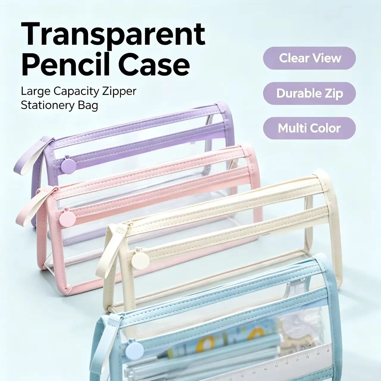 Transparent PVC Pencil Case Waterproof Large Capacity Double Layer Pen Bag Ins Style Makeup Bag Storage Bag School Stationery