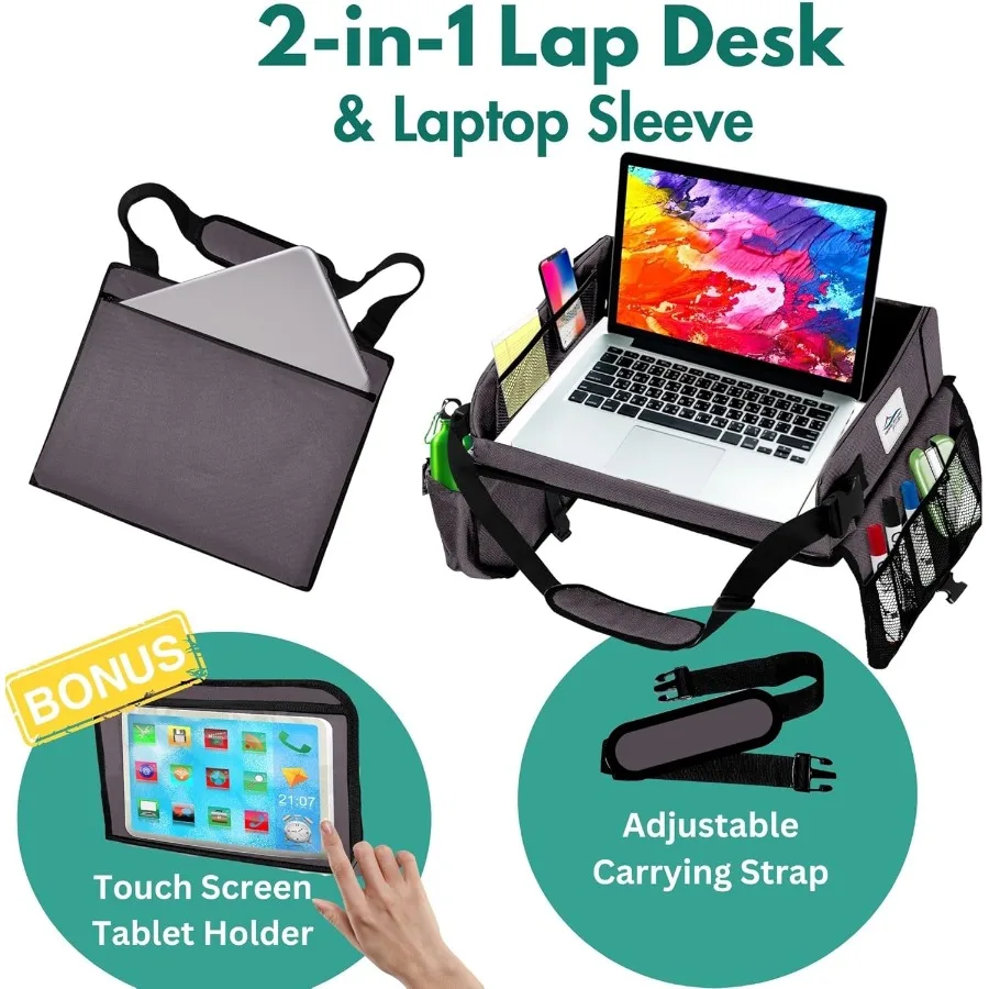 Travel Lap Desk Travel Tray Portable Lapdesk for Car Remote Work Road Trips School Laptop Pad with Storage Pocket Tablet Holder