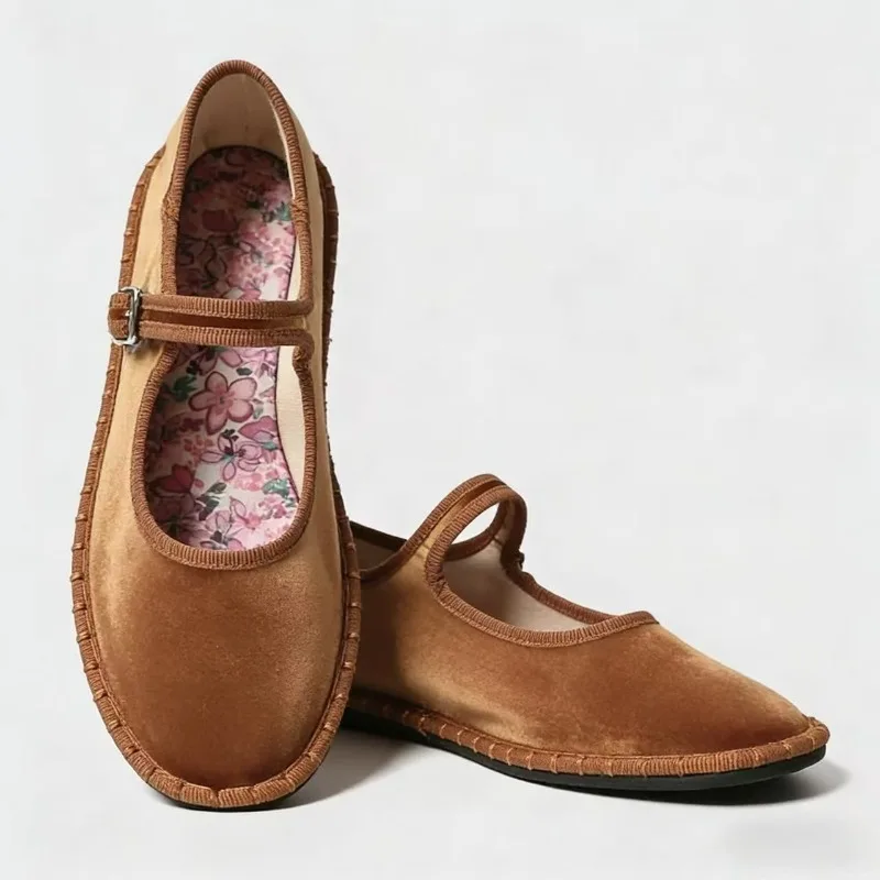 Velvet Round Toe Casual Flats Women Sewing Lightweight Brand Mary Jane Shoe Buckle Print Insole Comfort Retro Ballet Flats Women