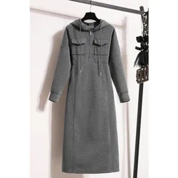 Autumn Winter Sweatshirt Long Dress For Women Fashion High Quality Long Sleeve Hooded Zipper Dresses Women Clothing