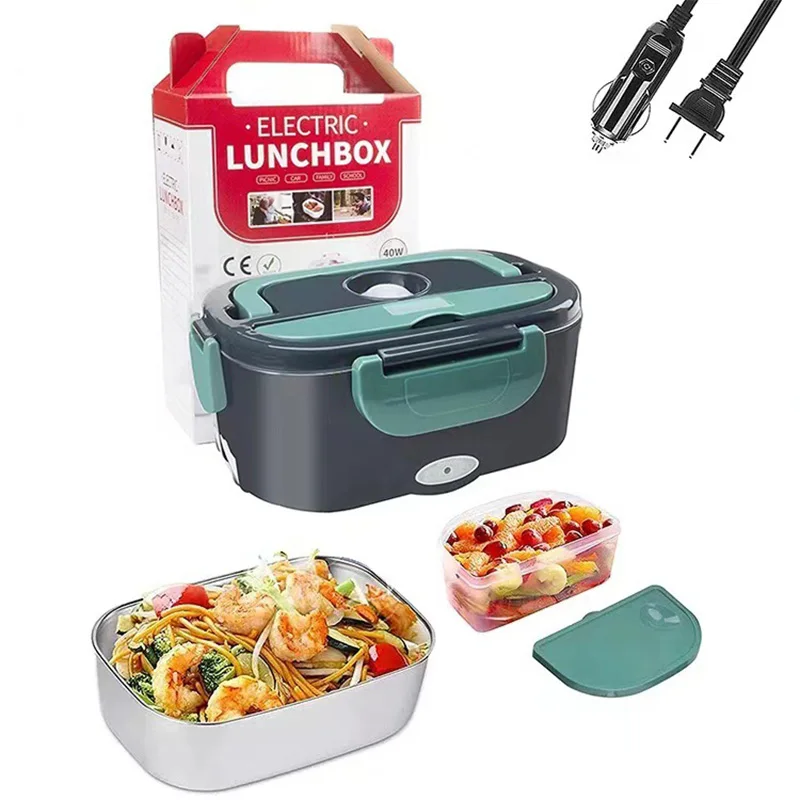 Electrically heated lunch box for cars and homes, portable stainless steel liner, bento lunch box, 2-in-1, 12V, 220V, 110V