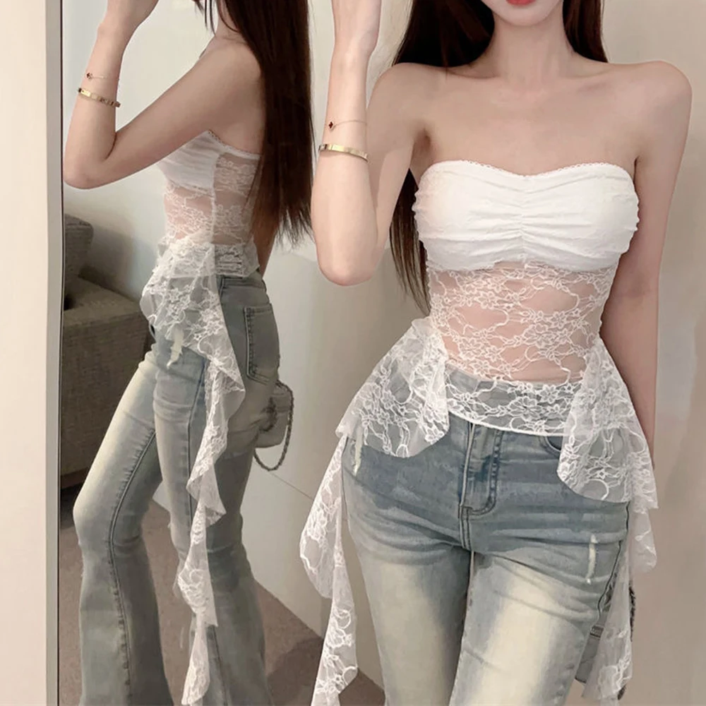 Lace Hollow Out Ribbon Detail Strapless Vest Top for Women One Size Fits Most 40-62.5kg Regular Length Fashion Top