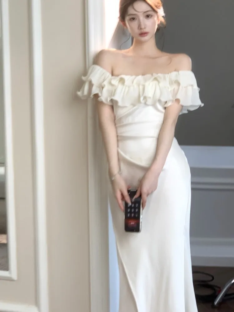 Mulher elegante chique cetim sereia vestido de noite coreano babados slash neck fino ajuste vestidos de festa moda sólida midi robe