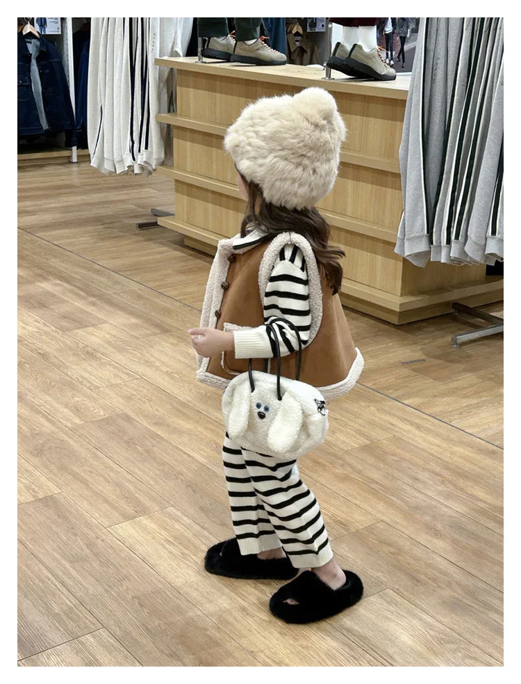 Vest Girl Korean Autumn Winter New Coat Plush Childrens Clothing Fashion Round Collar Sleeveless 2024 Solid Pocket Simple