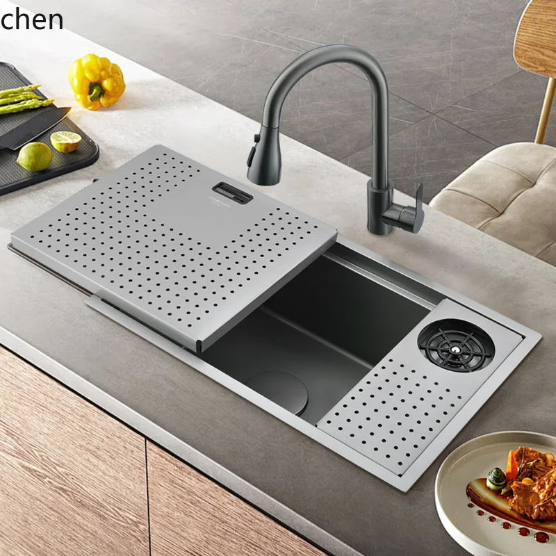 HT Hidden Bar Sink  Stainless Steel Kitchen Handmade Single Bowl with Cover Island Counter Gun Gray