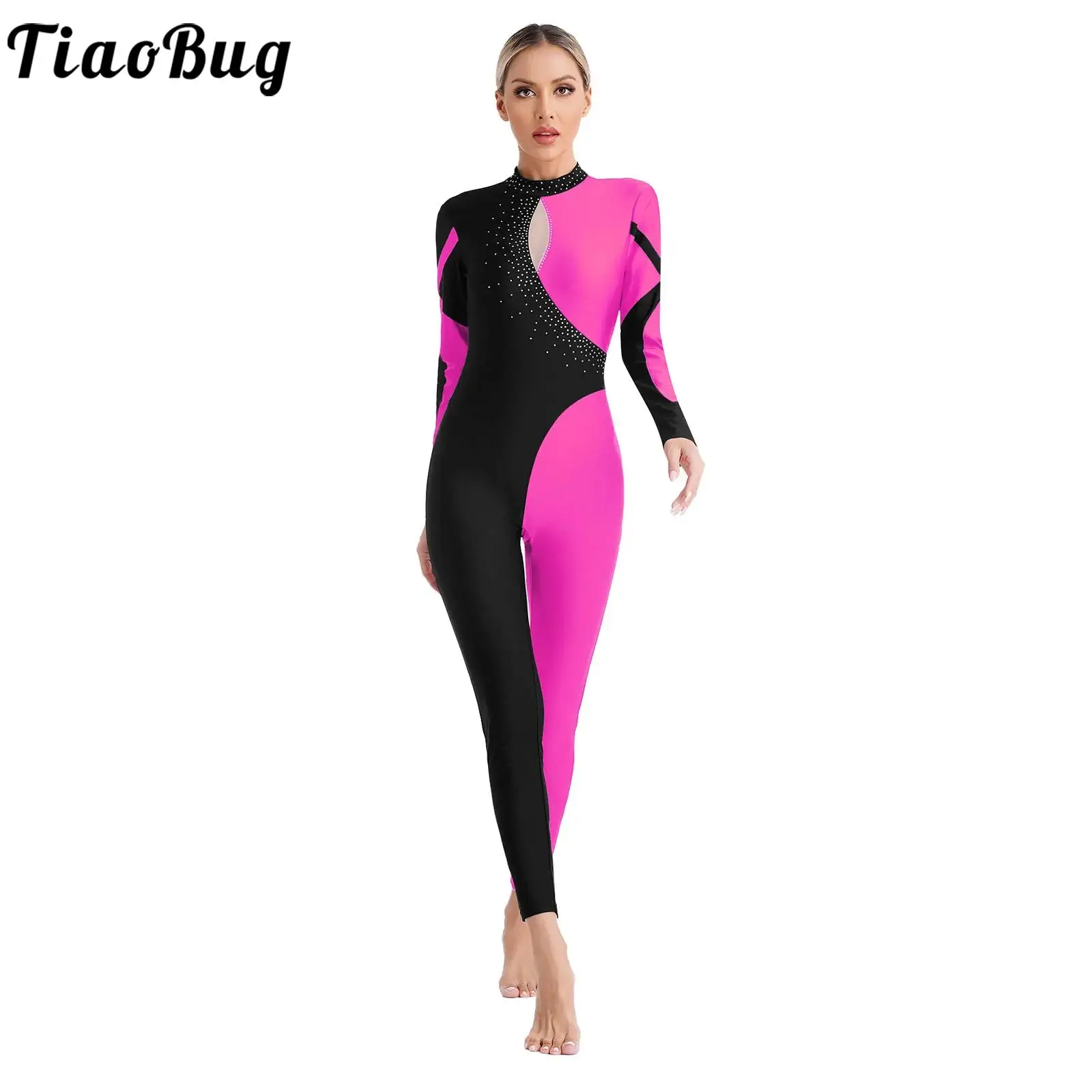 

Women Figure Skating Jumpsuit Performance Costume Artistic Gymnastics Contrast Color Leotard Dance Bodysuit Ballet Dancewear