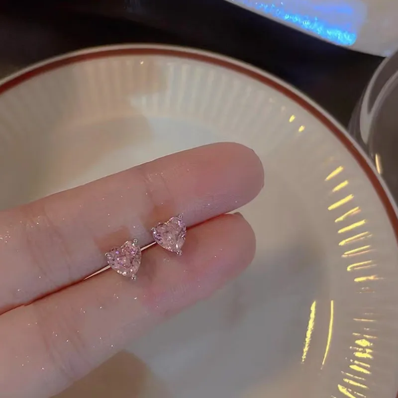 Pink Color CZ Crystal Stud Earrings for Women Korean Sweet Jewelry Female Birthday Friend Christmas Gift