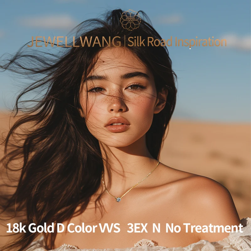 Kalung JEWELLWANG Chase Light Emas Kuning 18K dengan Berlian Laboratorium Bulat Solitaire yang Glamor, Rantai Klavikula, Perhiasan Potongan Premium