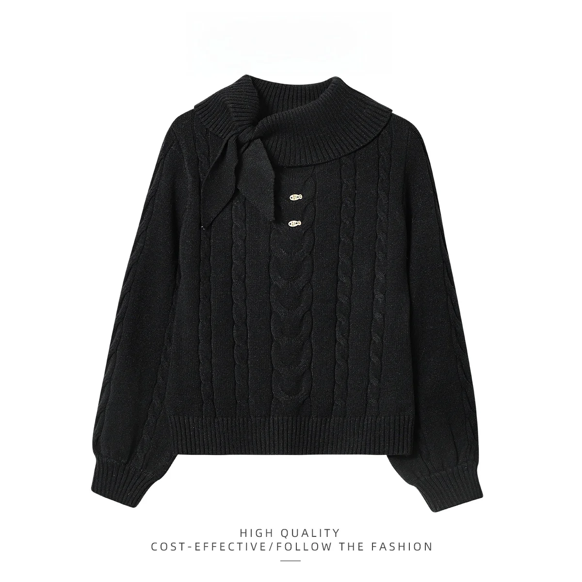 

PAIXIANG Women's High Collar Knitted Sweater with Knot Bla Winter Faionable Loose Fit Long Sve Top