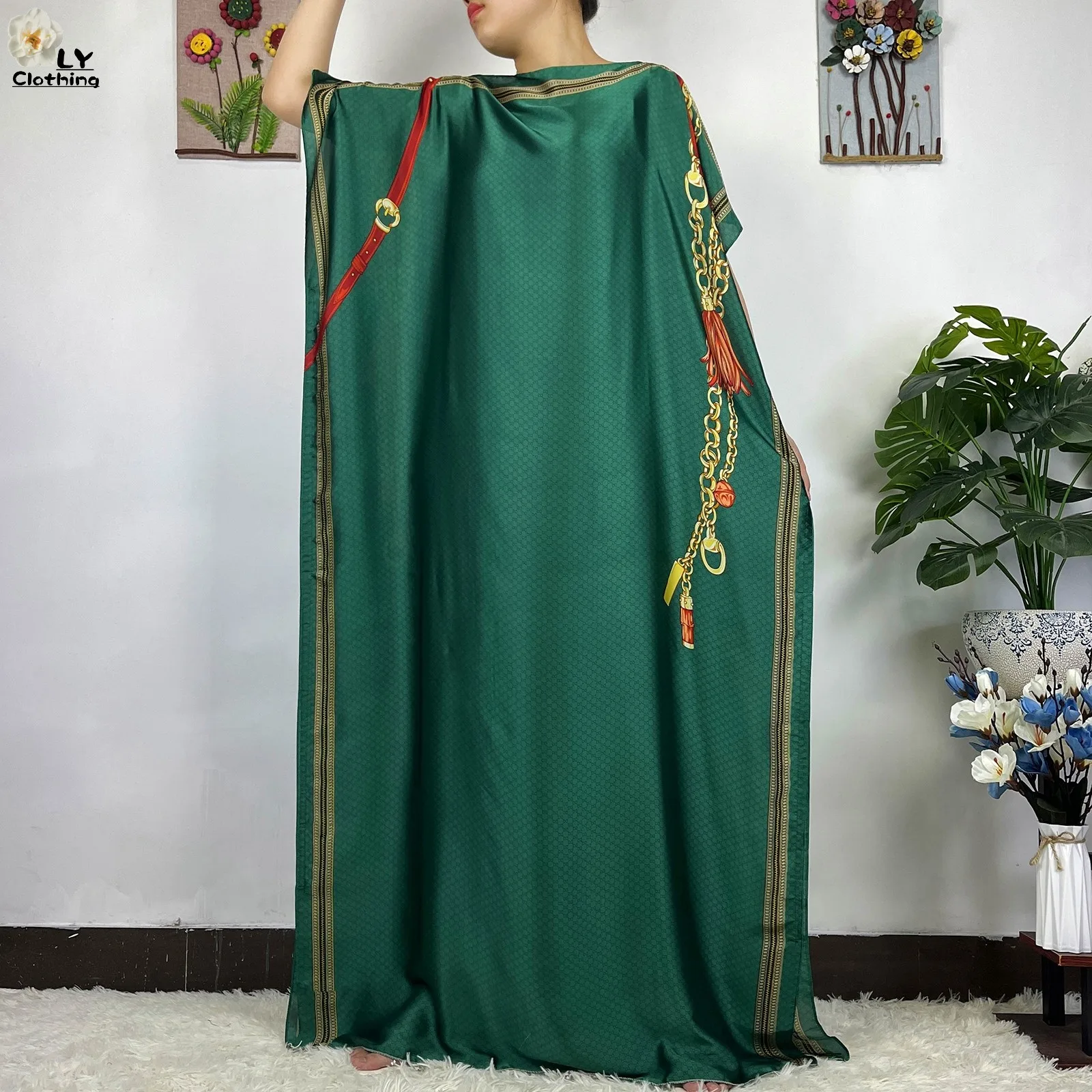 2023 New African Fashion Short Sleeve Colored Pattern Dubai Women Summer Real Silk Soft Printing Loose Tradition Muslim Dress