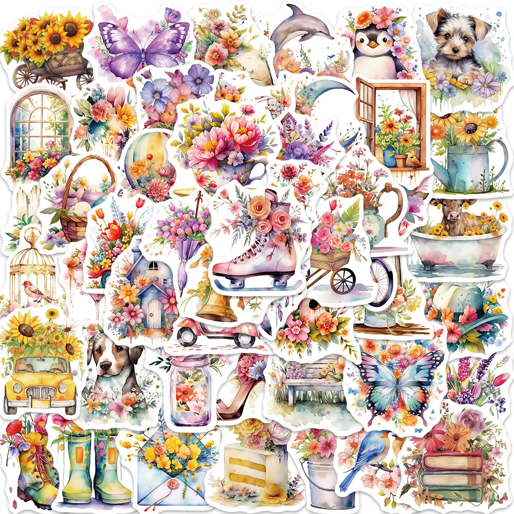 50/100 Stück Cartoon-Blumenwelt-Aufkleber, personalisierte Dekoration, Gitarre, Notizbuch, Gepäck, DIY, wasserfeste Aufkleber