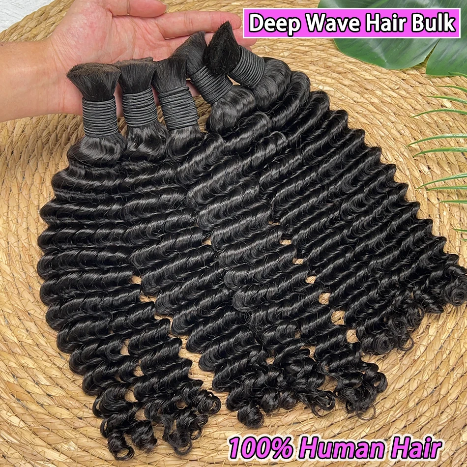 

Deep Wave Human Hair Bulk No Weft Braids Curly Hair 100% Unprocessed Raw Virgin Human Hair For Braiding #1B Natural Color Hair