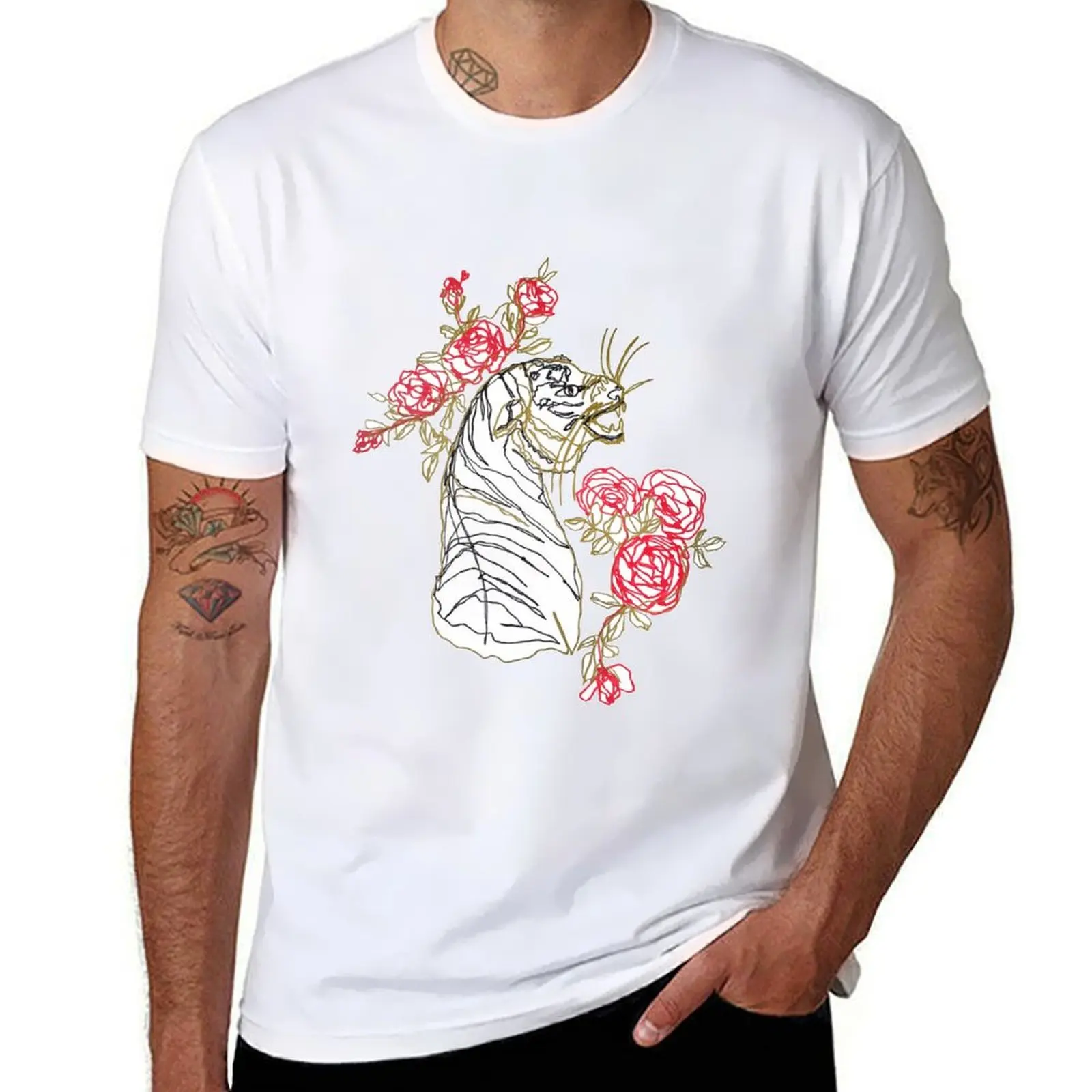 

Tiger and red roses ambidextrous line drawing T-Shirt funny t shirts man man t shirt summer t shirt man plain T-Shirt
