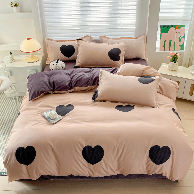 Sweet Purple Love Heart Bedding Set For Girls Adults Children Bed Cover And Flat Sheet Set Pillowcases Soft Full Size 3/4pcs