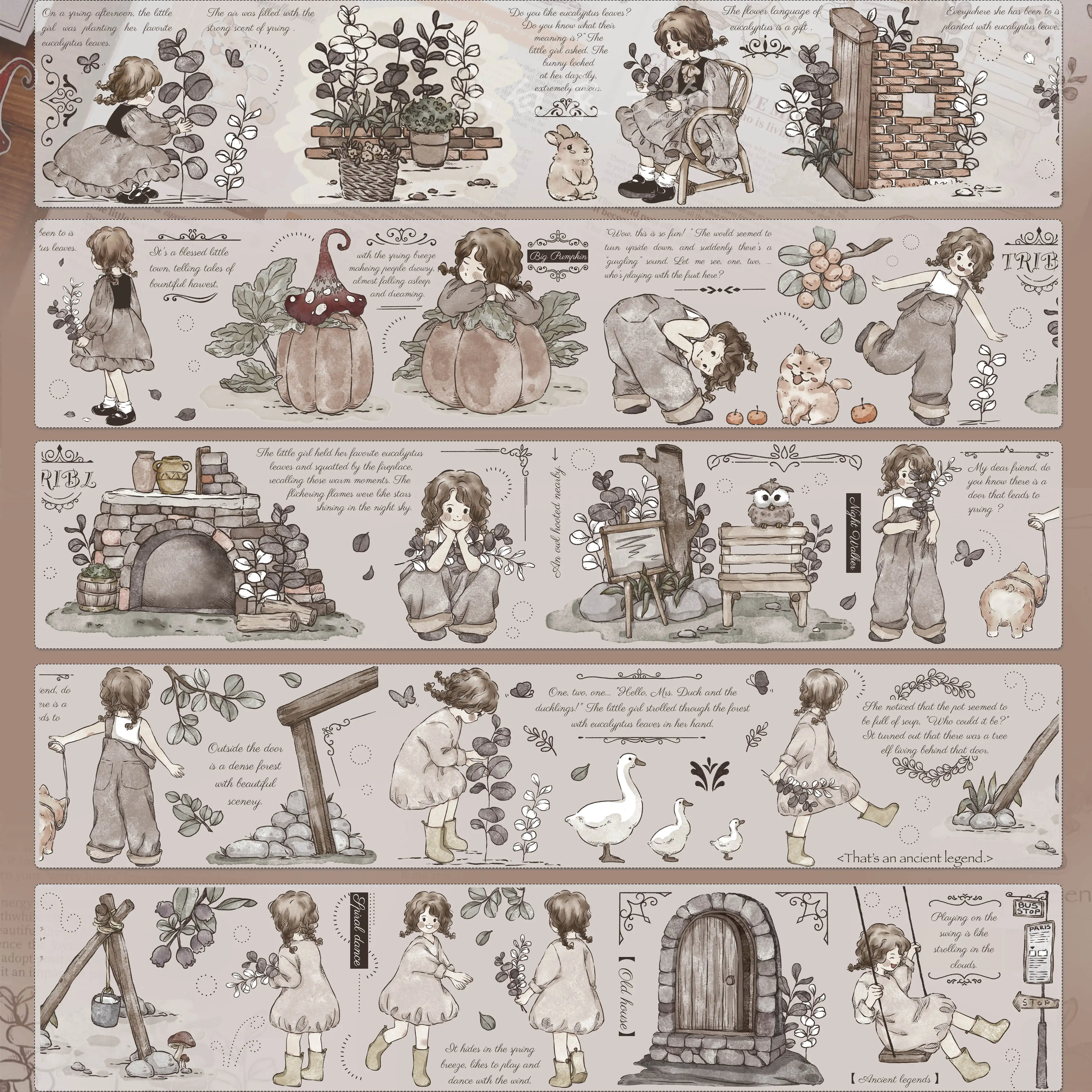 Little Cute Girl In Small Town Vintage Picture Book Style Figure Washi Masking PET Tape Roll