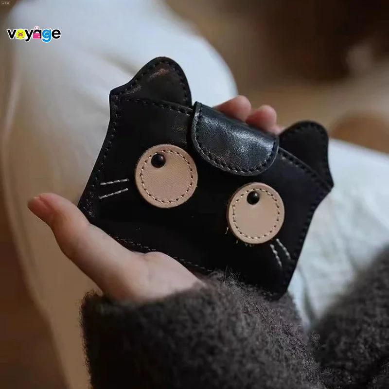 Retro Cartoon Cat PU Leather Card Wallet for Women, Compact Slim Large Capacity Holder for Daily Travel, Cute Card Case