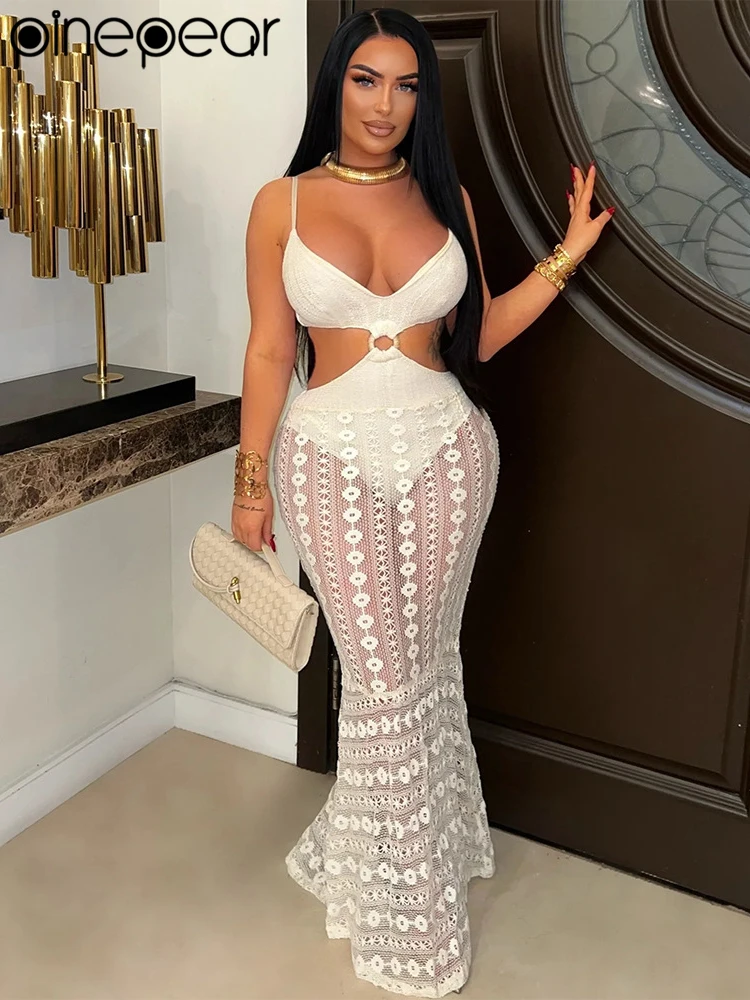 PinePear 2025 夏セクシーな中空アウト女性レースマキシドレスハイウエストカットアウトレース薄手のノースリーブ背中の開いたビーチパーティードレス