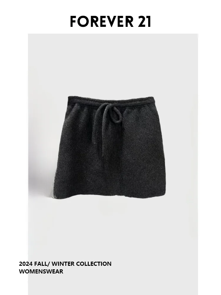 Saia Curta de Tricô Cinza Feminina com Cordão, Estilo Coreano Outono Inverno, Forever 21 Premium Sensation, Tamanhos Grandes