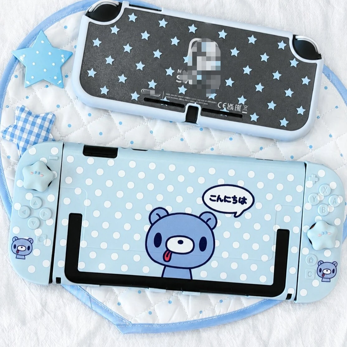 Cute Polka-Dot Bear Hard Case for Nintendo Switch 2/Lite Detachable Console with Cartoon Silicone Joy-Con Controller Covers Gift