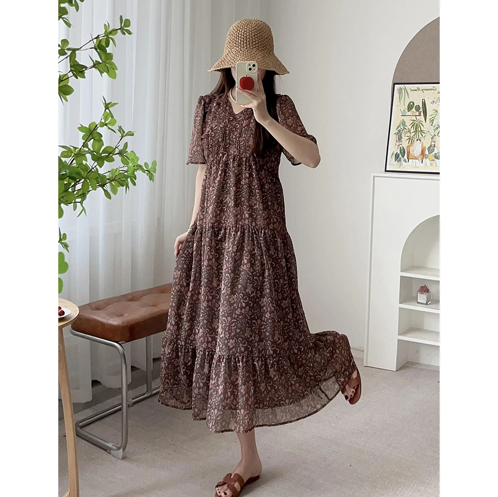 우아한 플로럴 프린트 맥시 드레스 V넥 버블 슬리브 가벼운 드리프팅 아일랜드 스타일 여름 가을 여성 드레스 여행 친화적