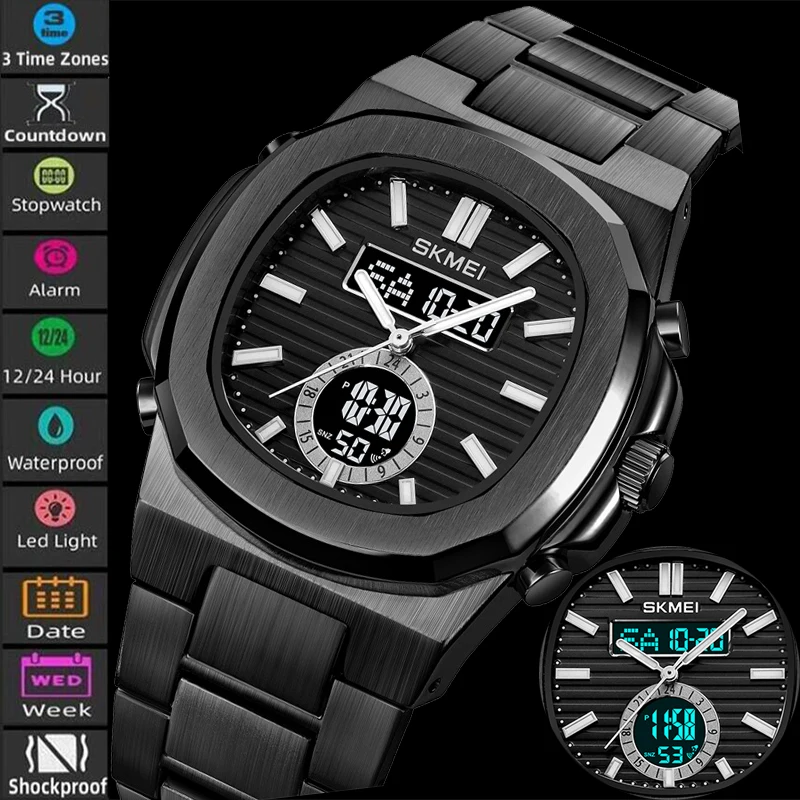 Skmei Analog Digital Display Mens Bracelet Watches Three Time Zone LED Waterproof Quartz Sports Chronograph Male Alarm Clock