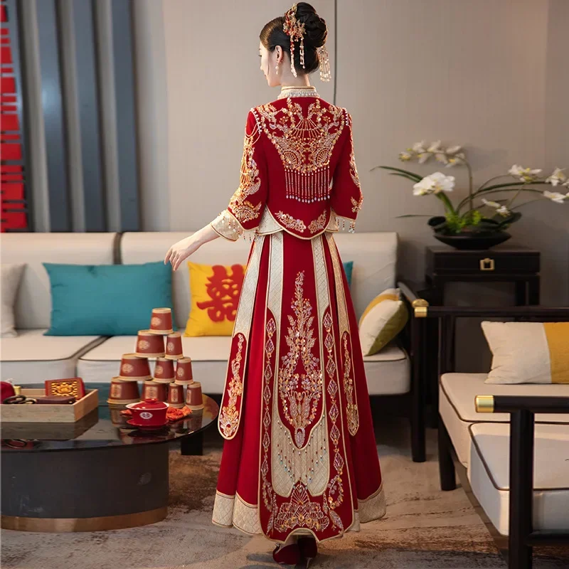 Bride Vintage Chinese Style Formal Royal Wedding Cheongsam Costume Traditional Dragon Phoenix Embroidery Tang Suit Qipao