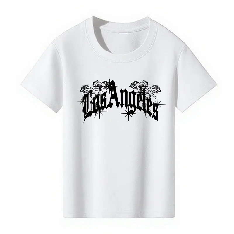Los Angeles Letter Print Teenage T-shirt Summer Retro Simple Casual Fashion O-Neck Short Sleeve Children Colorful Tops Clothing