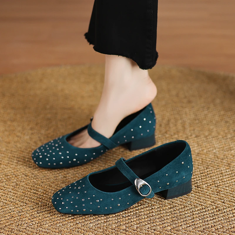 2026 new spring summer women pumps natural leather 22-25.5cm kid suede+sheepskin square toe rivet buckle mary janes women shoes